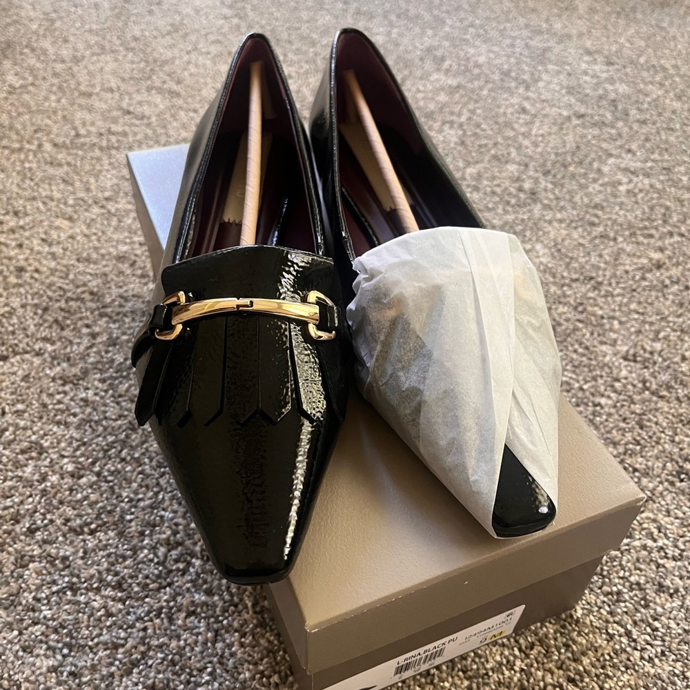Franco Sarto Black Patent Loafers with Gold Accent